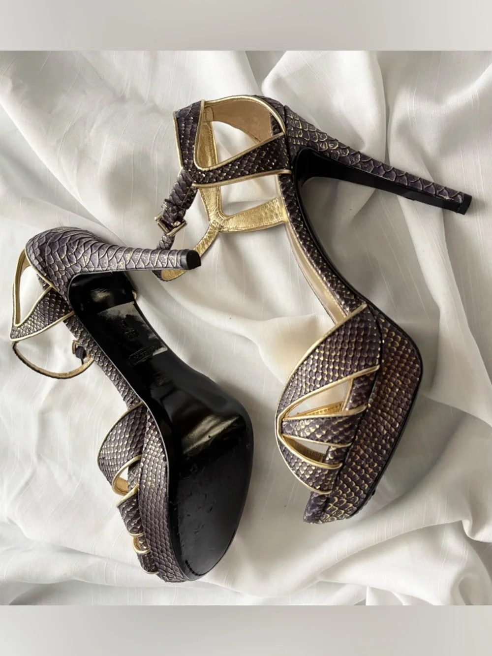 COACH Gold and Brown Embellished Women's Ankle-Strap Heels